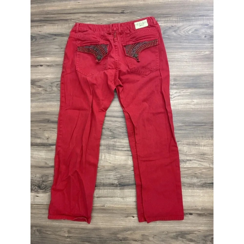 Robin's Jean‎ Men's Straight Fit Jeans Size 42 Red Rhinestone Back Pocket Flap